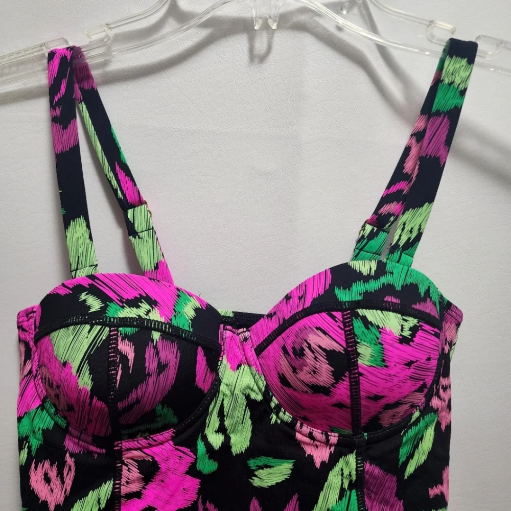 Betsey Johnson Swimsuit Balconette Style Roses Black Pink 1-Pc Size Medium NWT